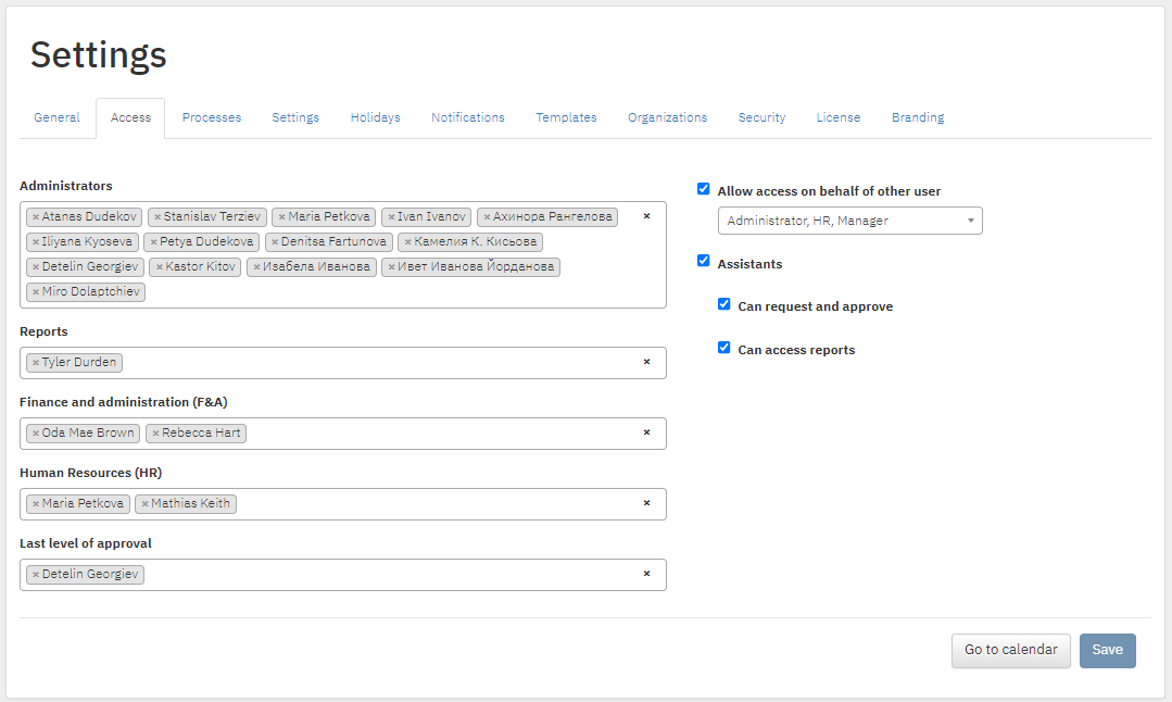 TIMEOFF.GURU access settings screen