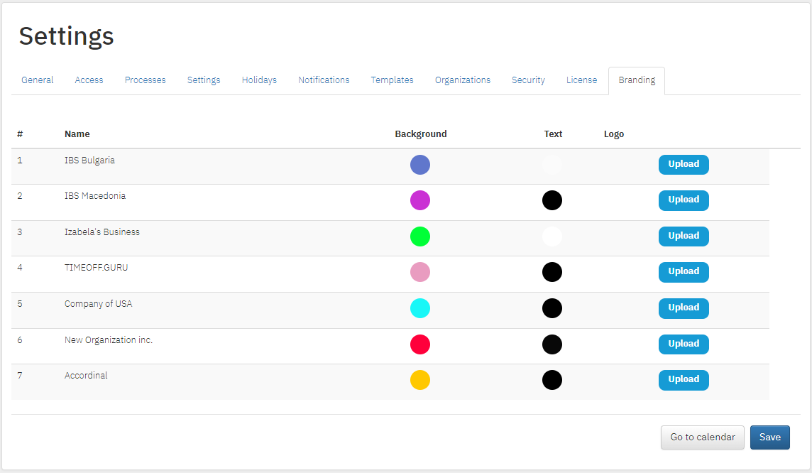 TIMEOFF.GURU branding settings screen