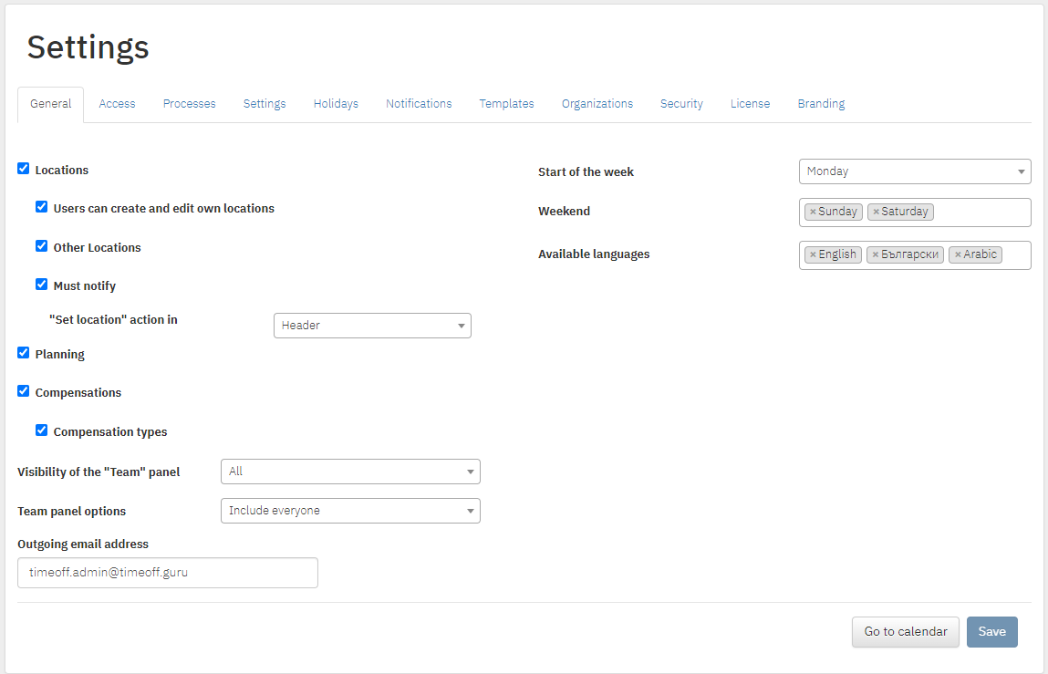 TIMEOFF.GURU general settings screen