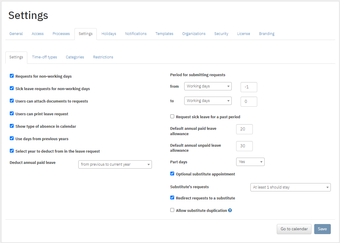 TIMEOFF.GURU time-off settings screen